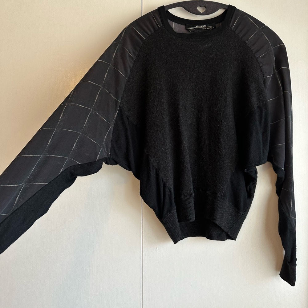 All Saints women’s long sleeve charcoal wool and silk sweater shirt, US6 (UK10)